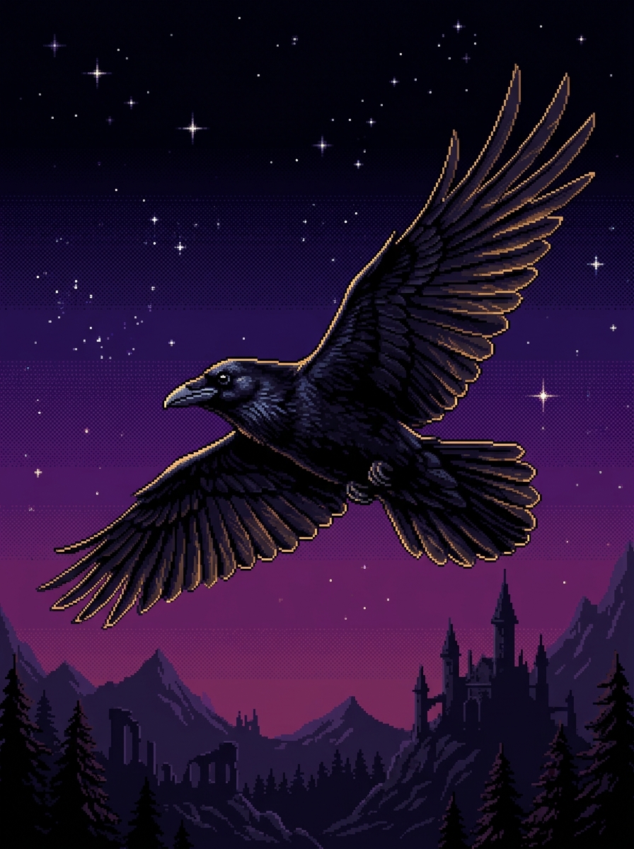16-bit pixel art raven soaring through a starry twilight sky
